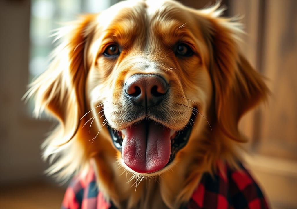 Golden Retriever in Cozy Flannel, Norman Rockwell Style