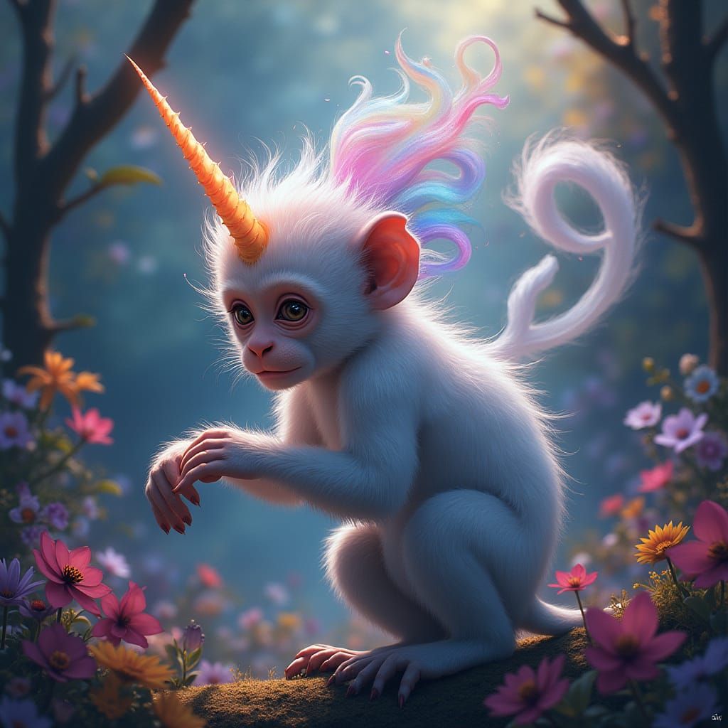 Monkey Unicorn in Dreamlike Lush Landscape