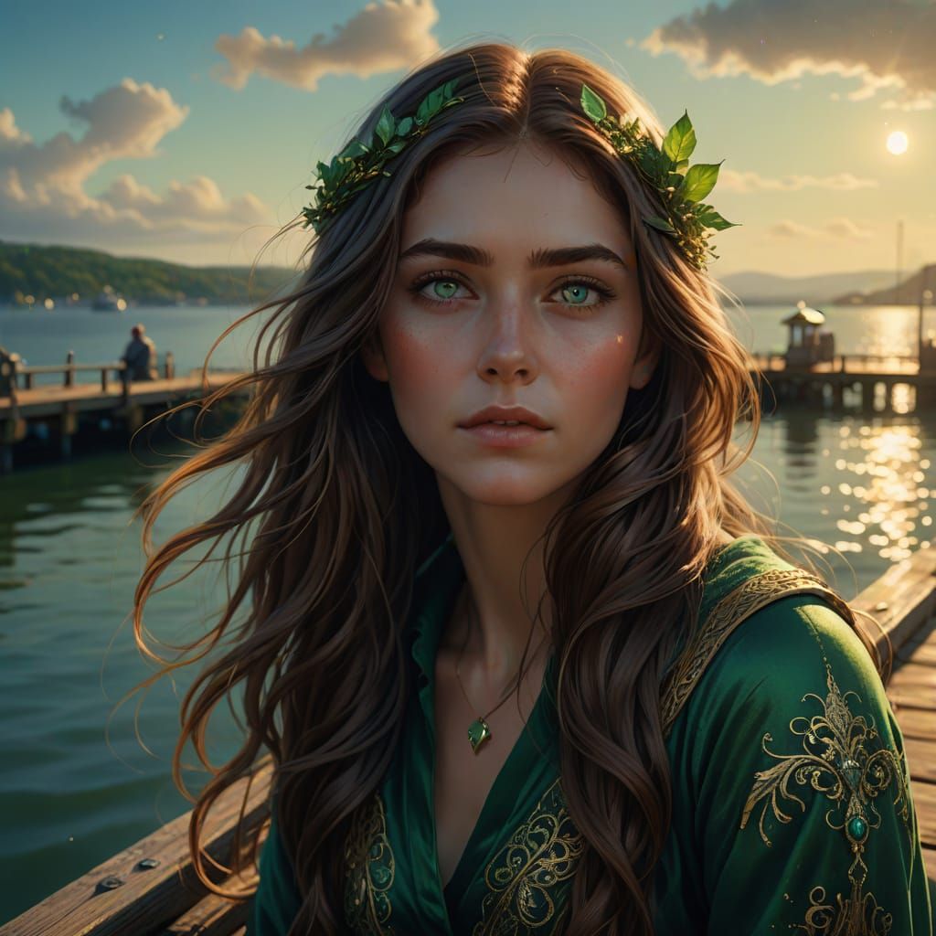 Fantasy Woman with Green Eyes on Pier