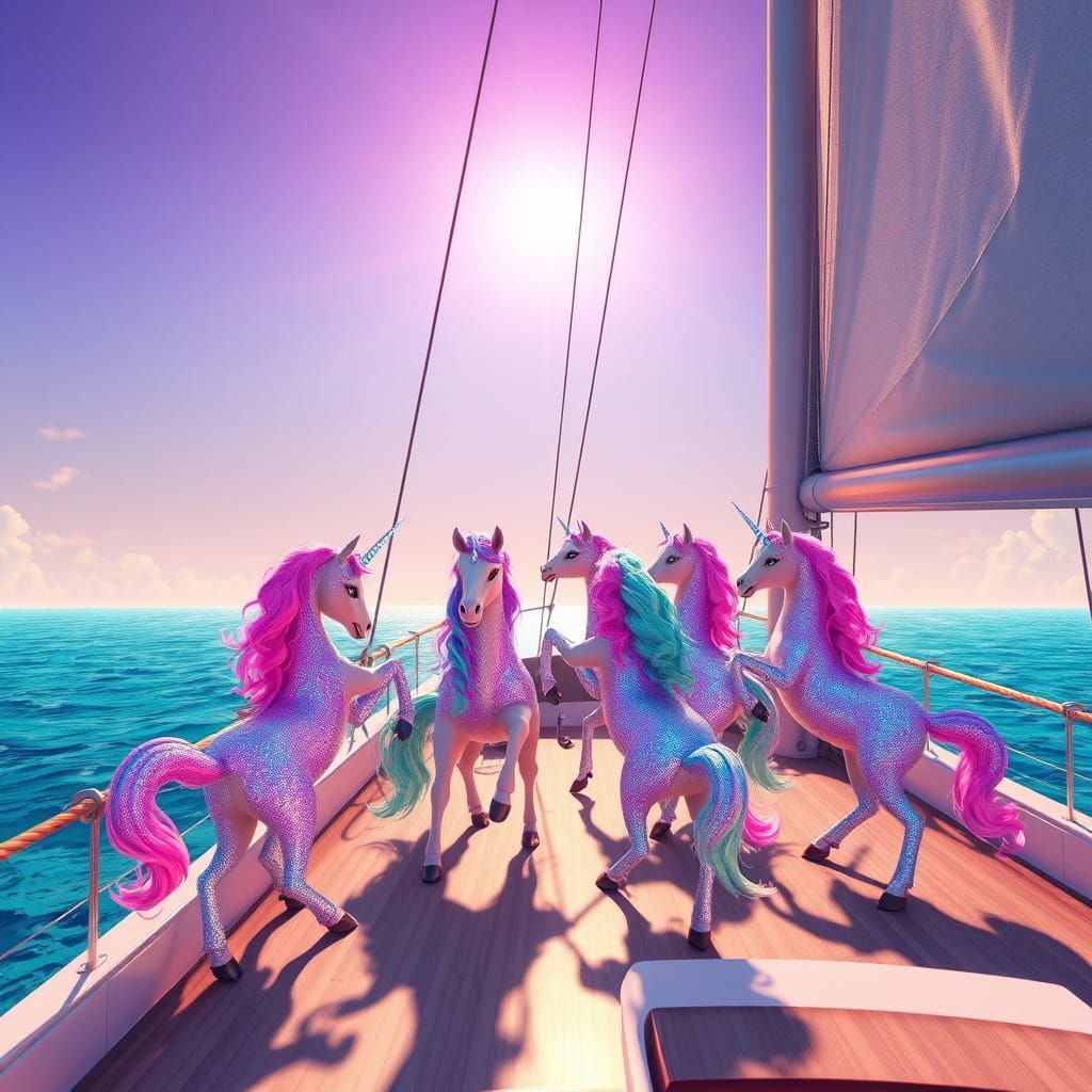 Vibrant Unicorn Sailboat Dance in Rainbow Aura