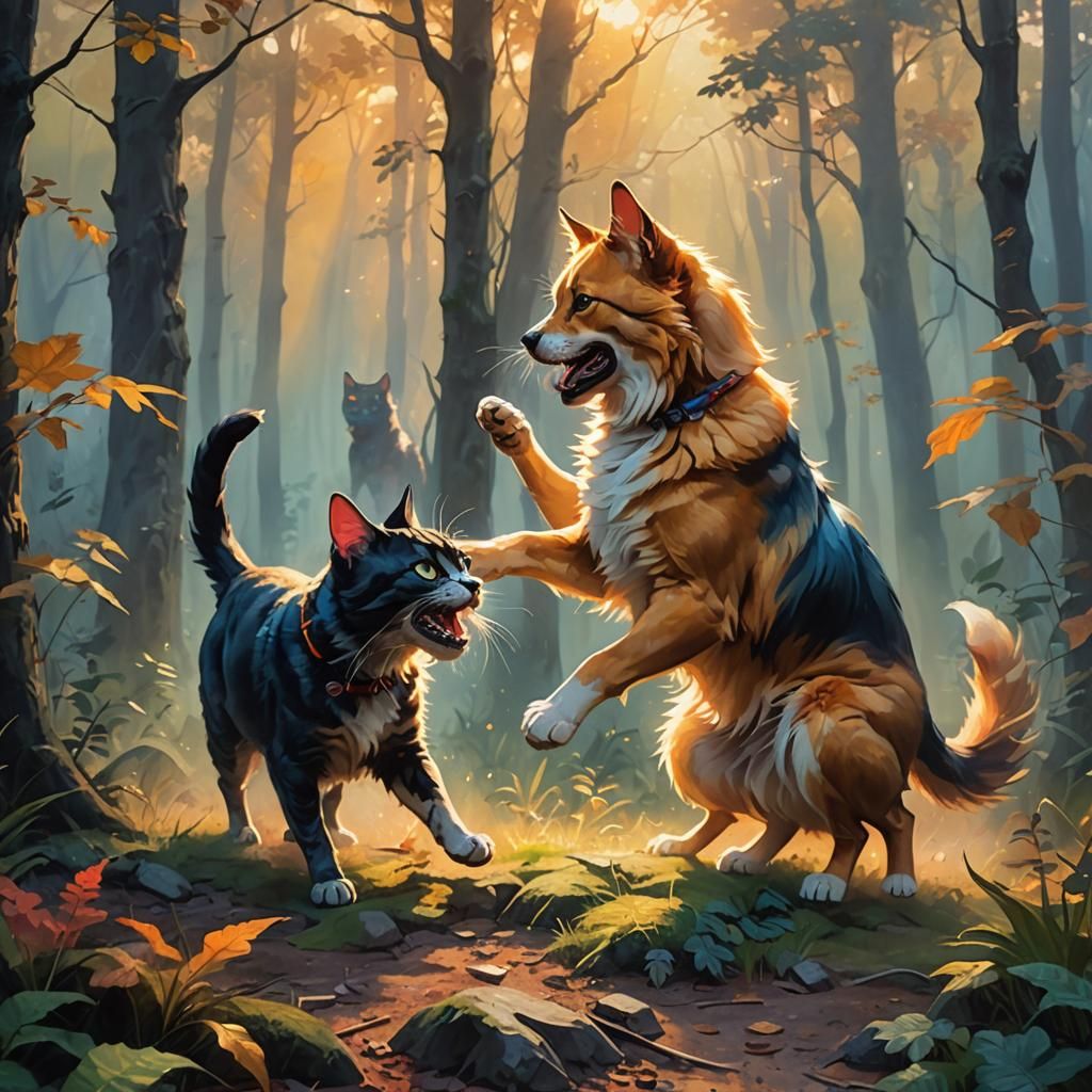 Cat and Dog Fight in Misty Forest, Oil Painting