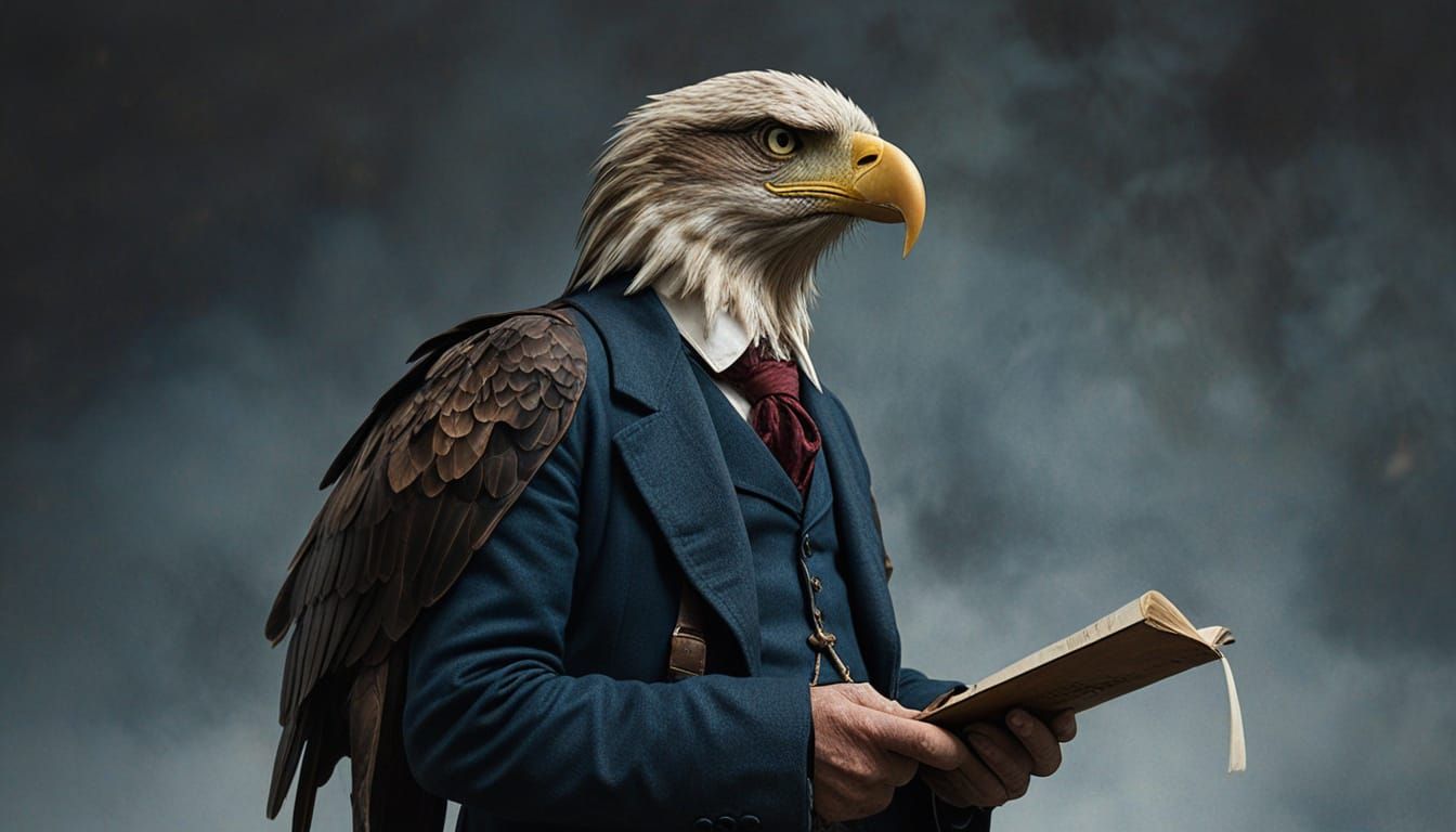 Aged Journalist with Eagle Companion in Victorian-Era Attire