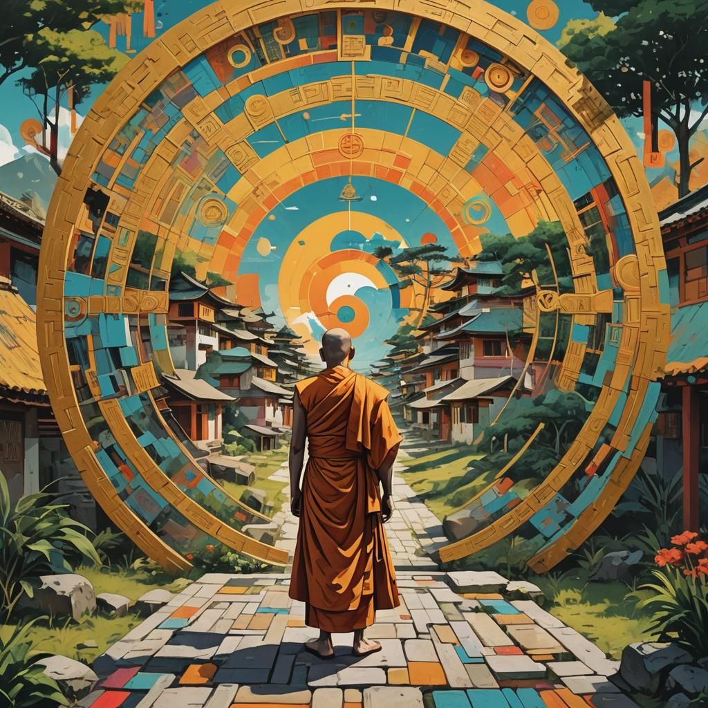 Vibrant Buddhist Monk Illustration in Geometric Bauhaus Styl...