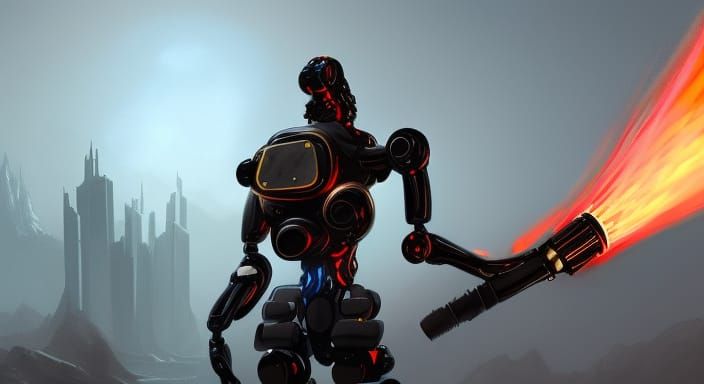 Humanoid Robot with Flamethrower: Detailed Matte Painting