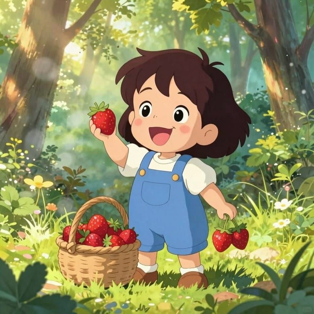 Cute Girl Picking Strawberries in Forest