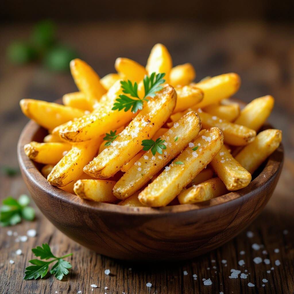Golden Crispy French Fries in Rustic Bowl