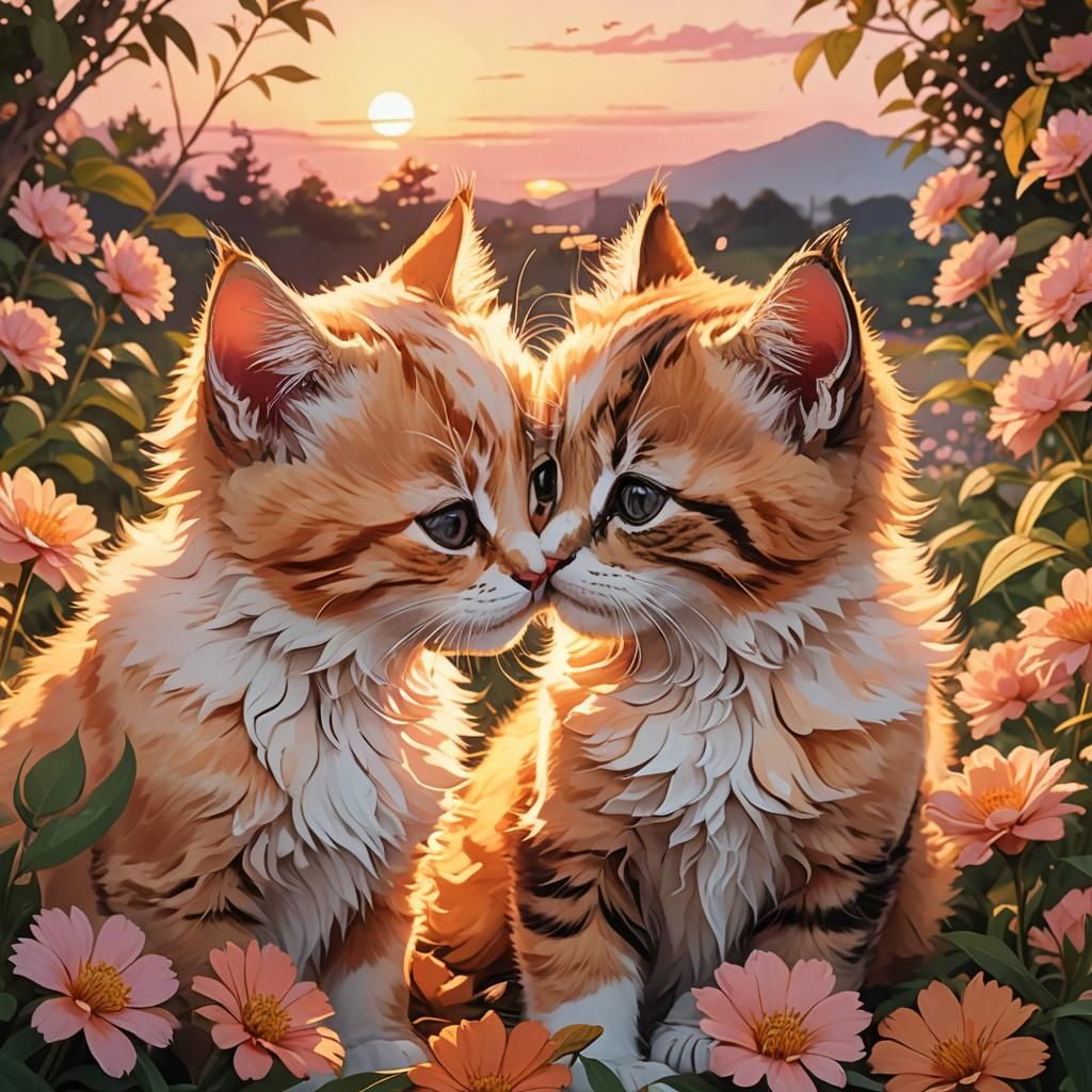 Kittens Kissing in Sunset: Manga-Style Digital Art