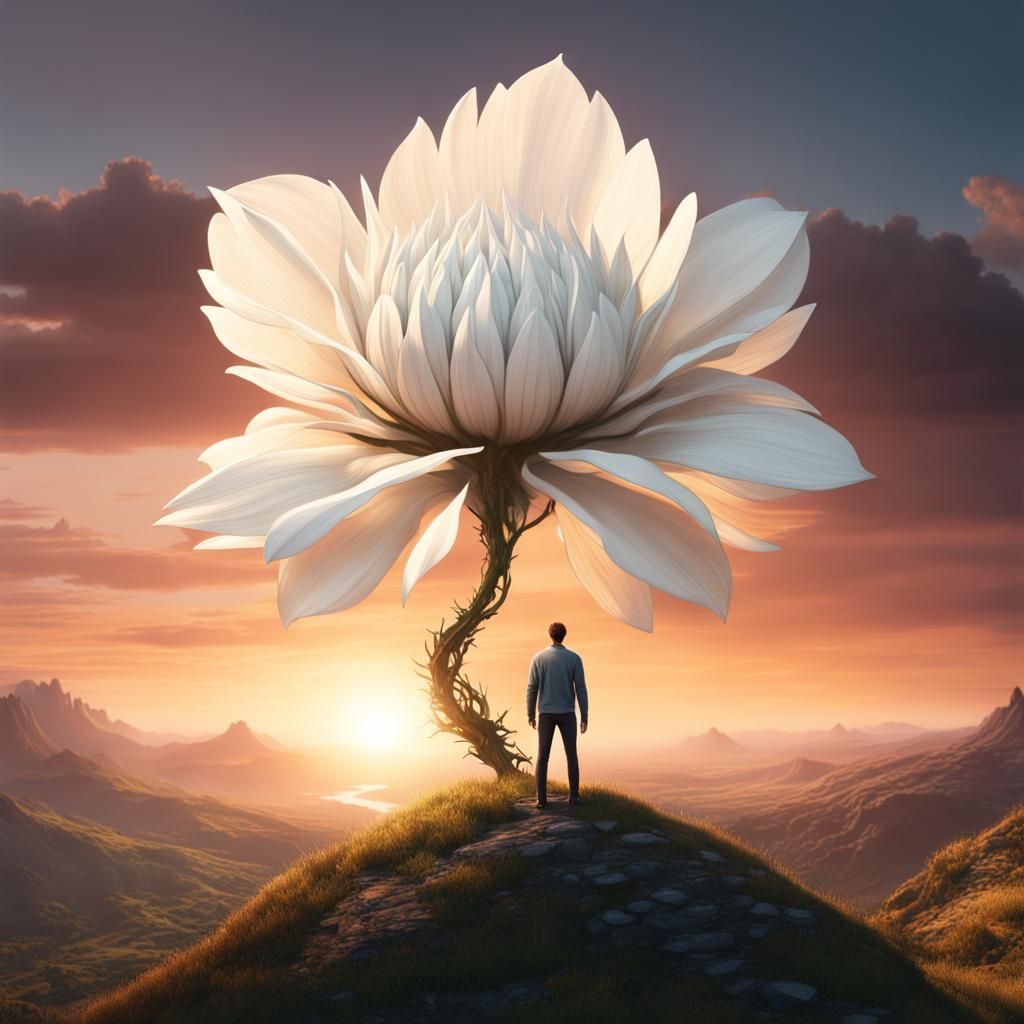 Man and Giant Flower at Sunset: Digital Art