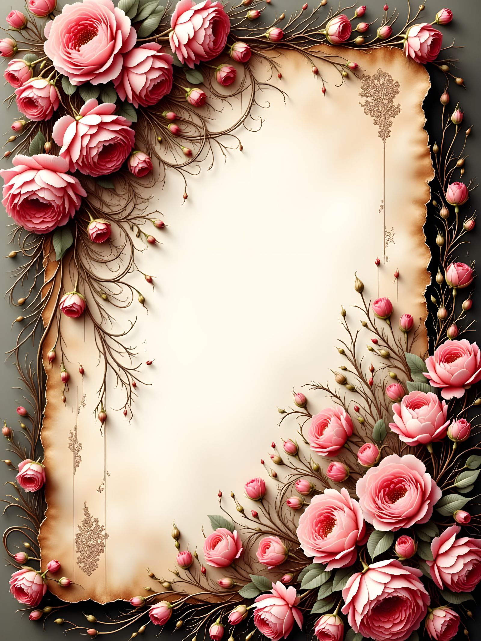 Ornate Manuscript Page with Roses in Digital Art Style