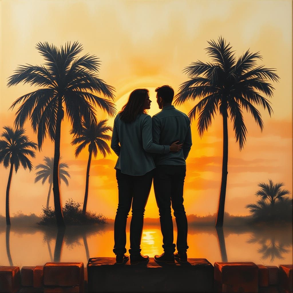 Sunset Couple: Ethereal Charcoal Drawing in Neo-Impressionis...