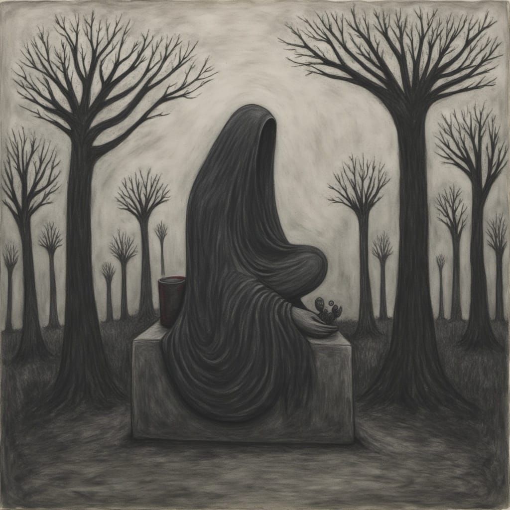 Eerie Figure in Desolate Graveyard, Charcoal Art