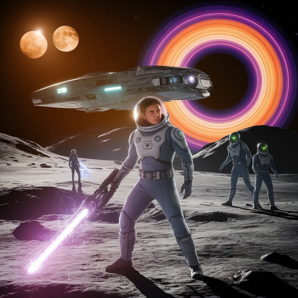 Brave Explorer Stands on Distant Moon with Twin Suns in Cybe...
