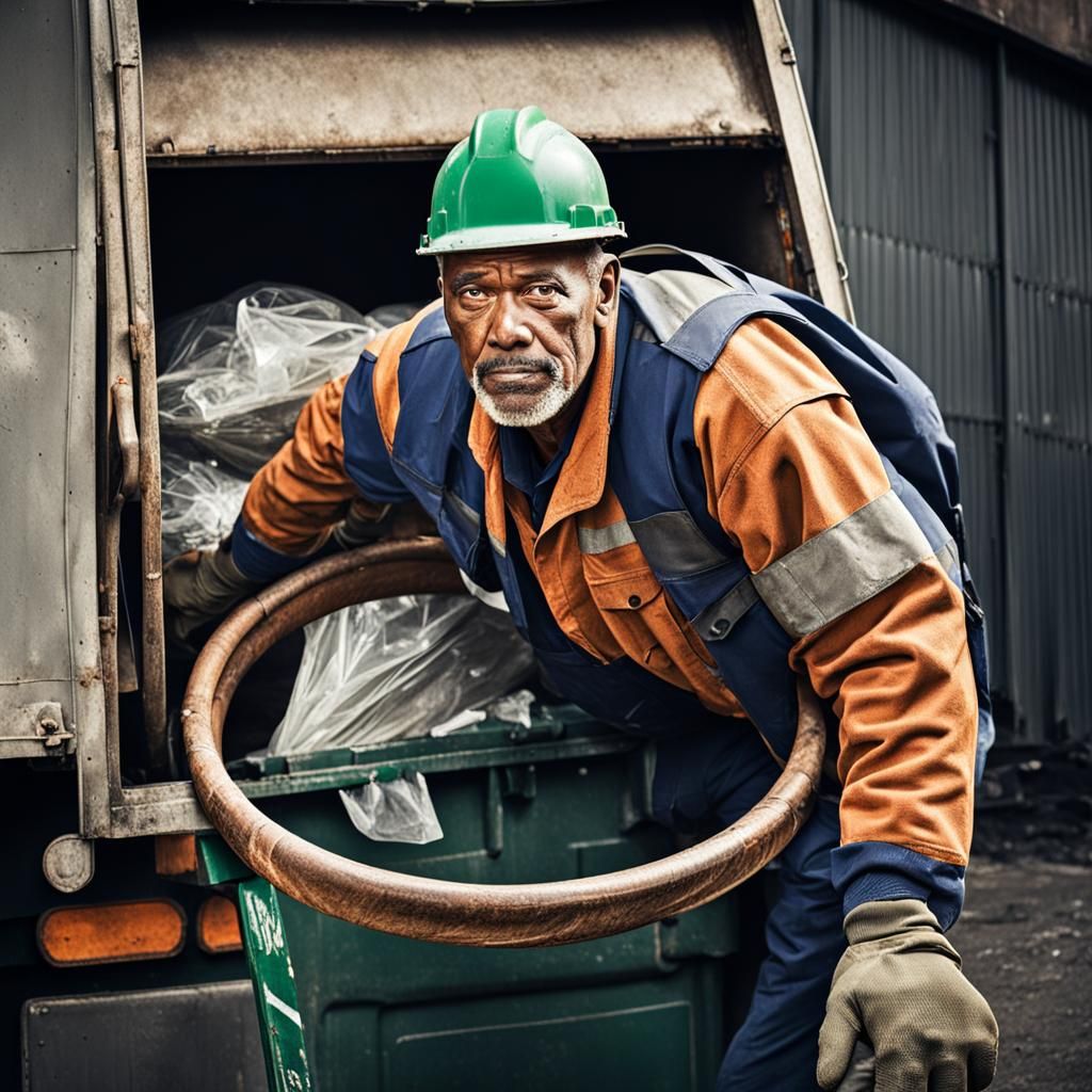 Garbage Collector Holds Hoop in Trash Truck