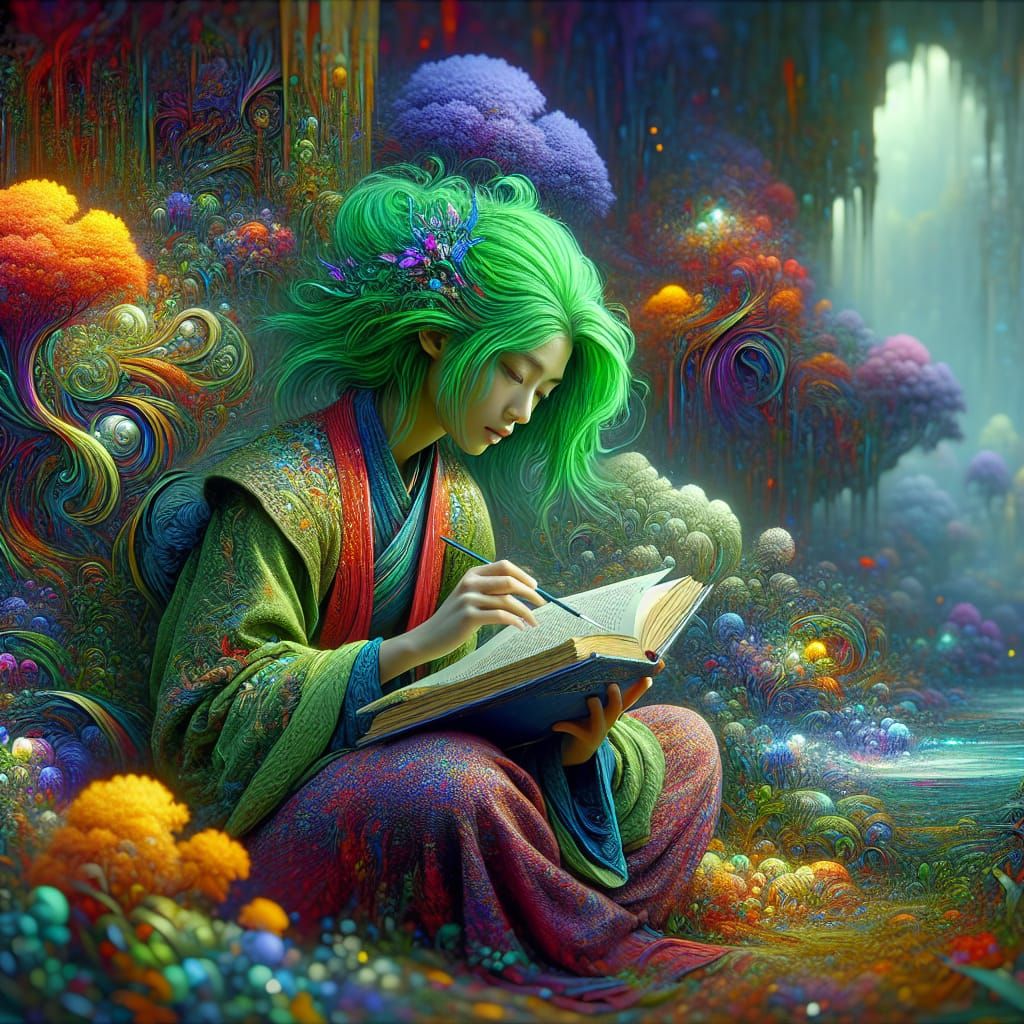 Fantasy Woman Reading Amidst Vivid Matte Painting Landscape