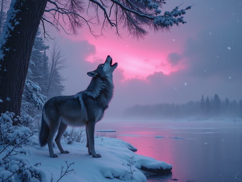 Howling Wolf Under Northern Lights in Snowy Landscape