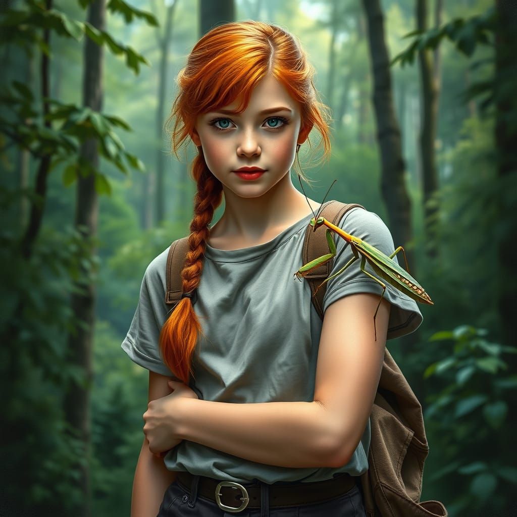 Teenage Girl Poses with Praying Mantis in a Lush Forest