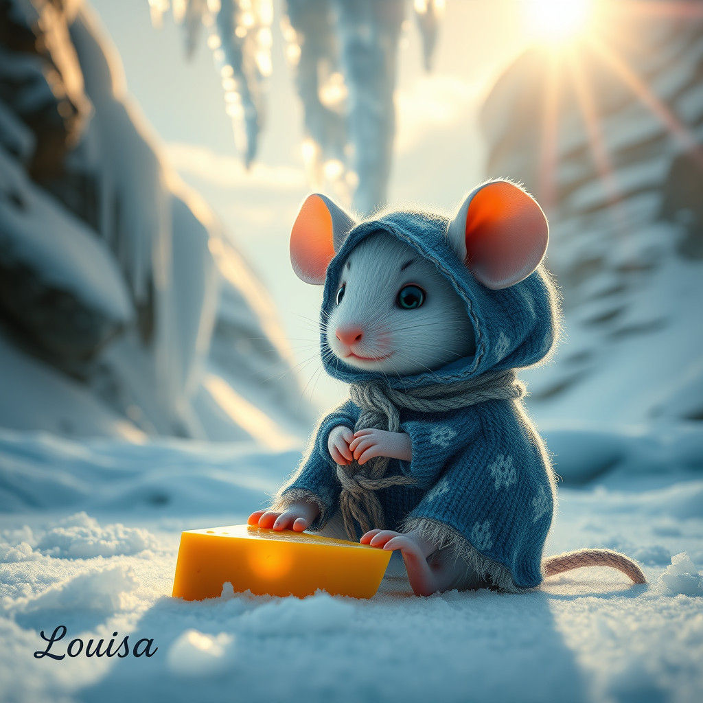 Mouse Figurine Under Frozen Waterfall in Sunlight