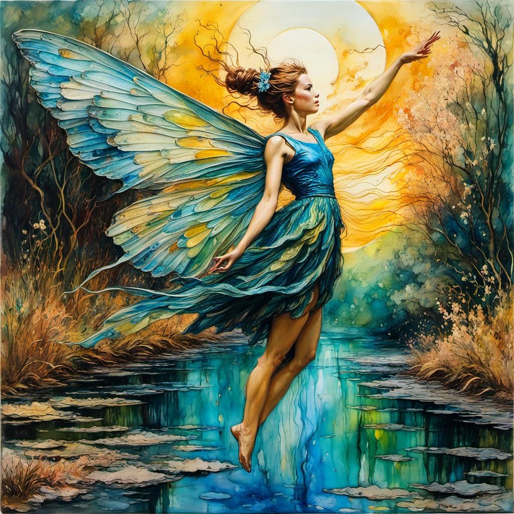 Encaustic Fairy in Chaotic Spring Sunset