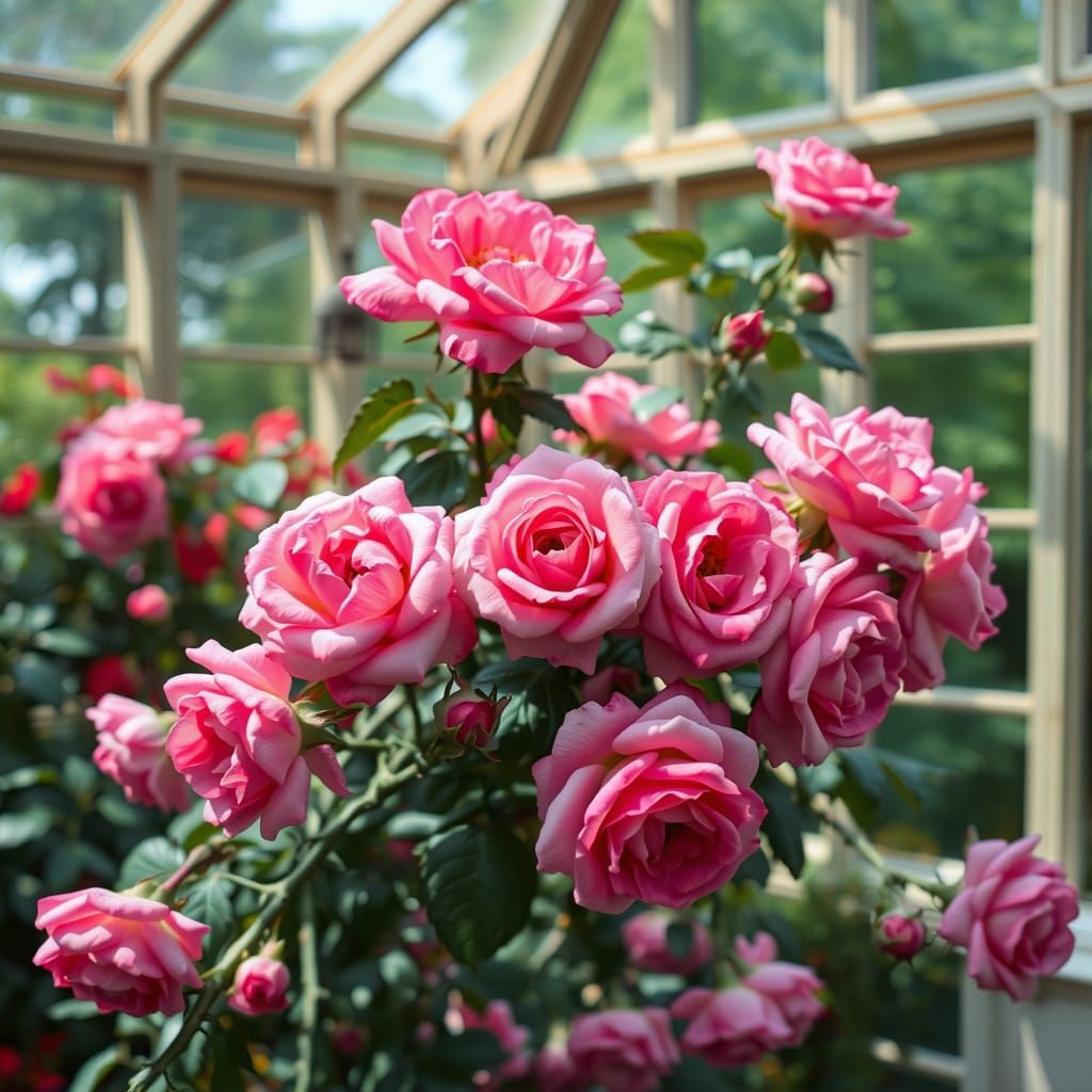 blooming rose bush, conservatory setting, Mark Twain Connecticut house style, vintage and antique ambiance, delicate ros...