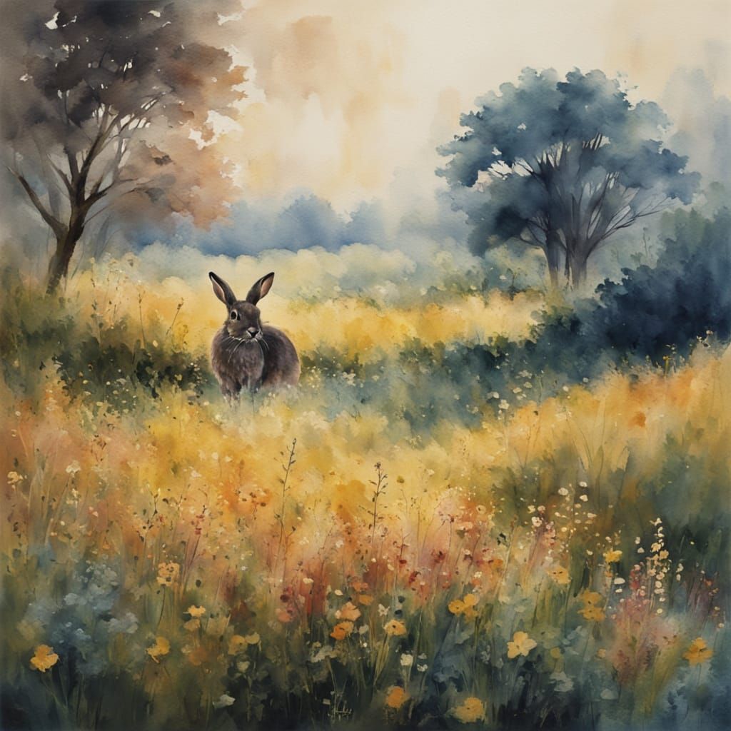Impressionist Watercolour of a Rabbit in a Vibrant Meadow