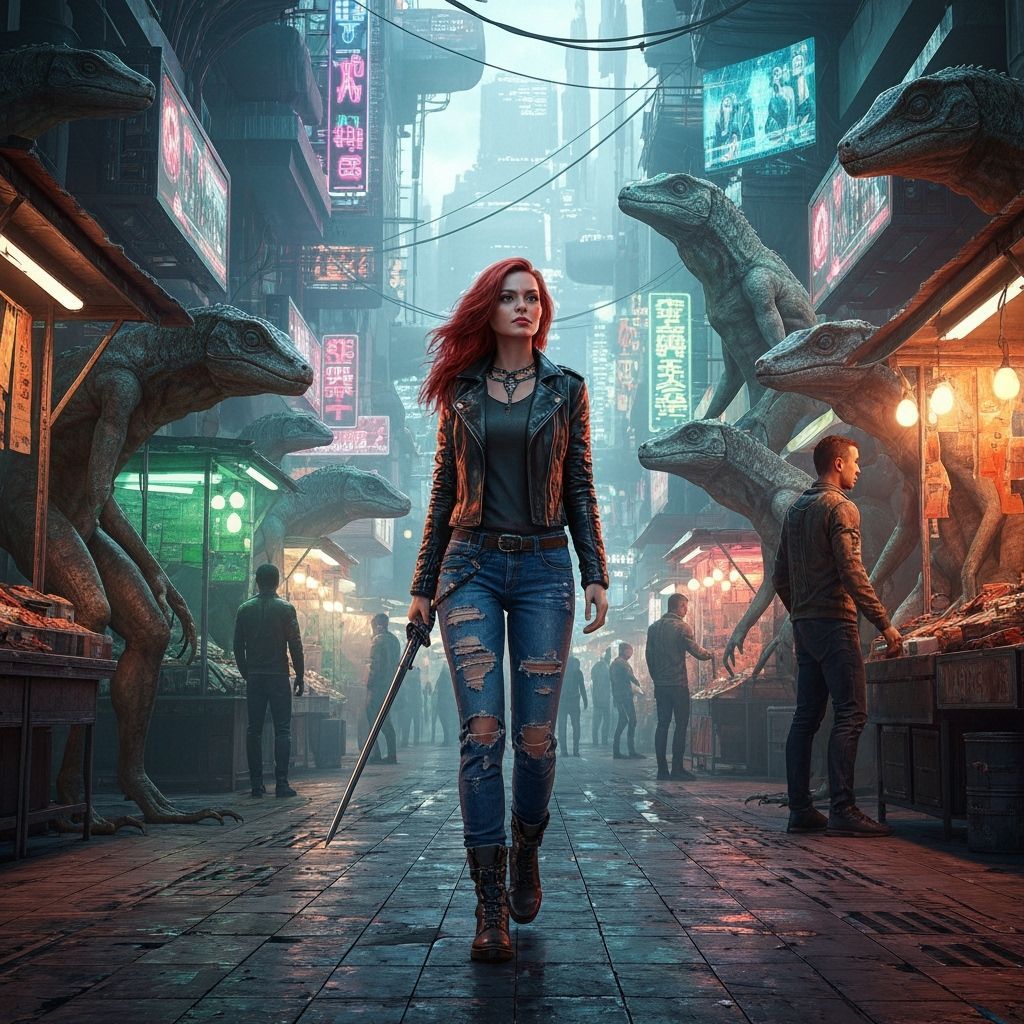 Cyberpunk Woman in Alien Marketplace