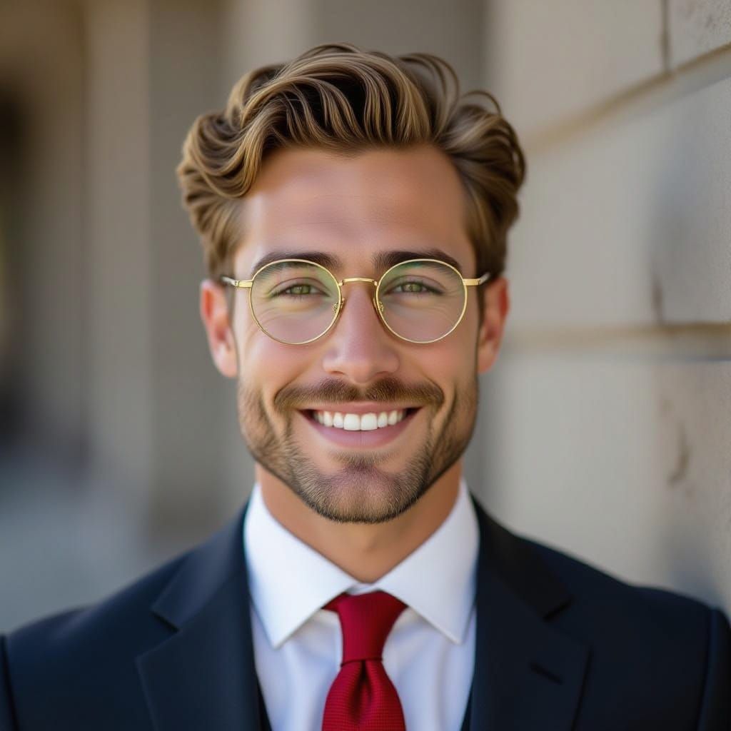 Handsome Young Man in Business Suit with Glasses