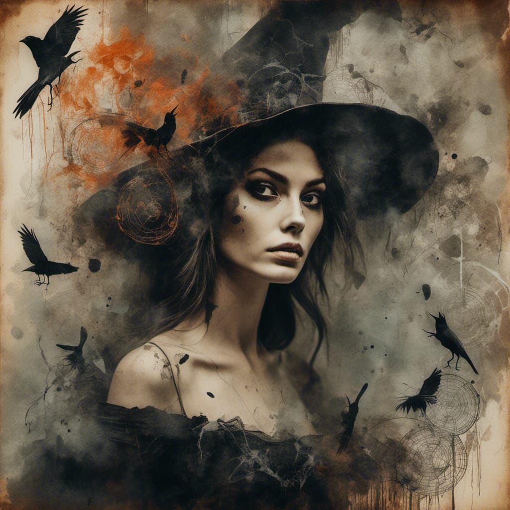 Beautiful Witch with Tattoos in Mixed Media