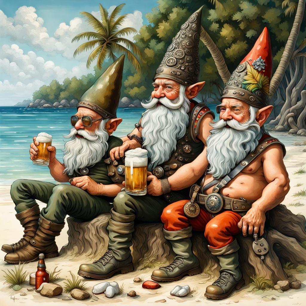 Gnomes Relaxing on a Tropical Beach