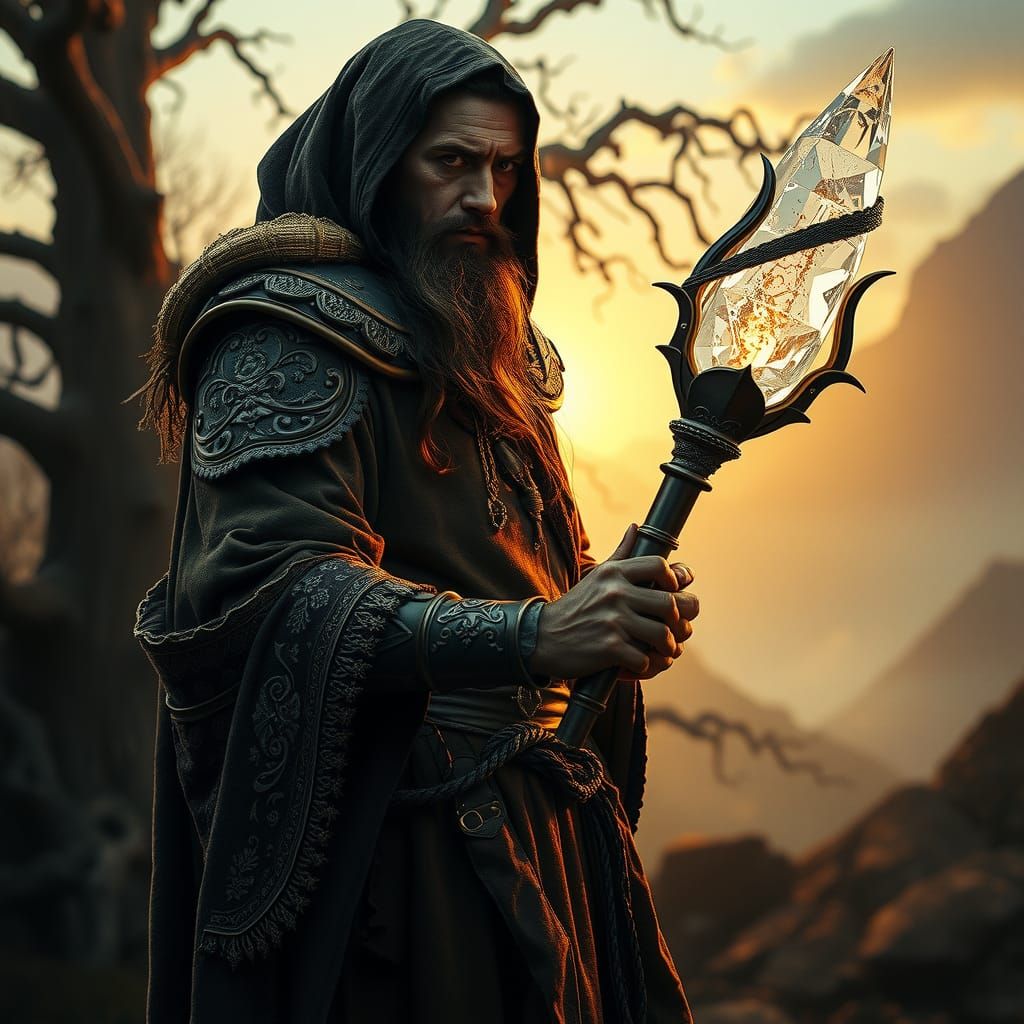 Battlemage with Crystal Staff in Mystical Landscape