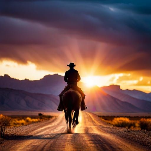 Cowboy on Horseback at Sunset