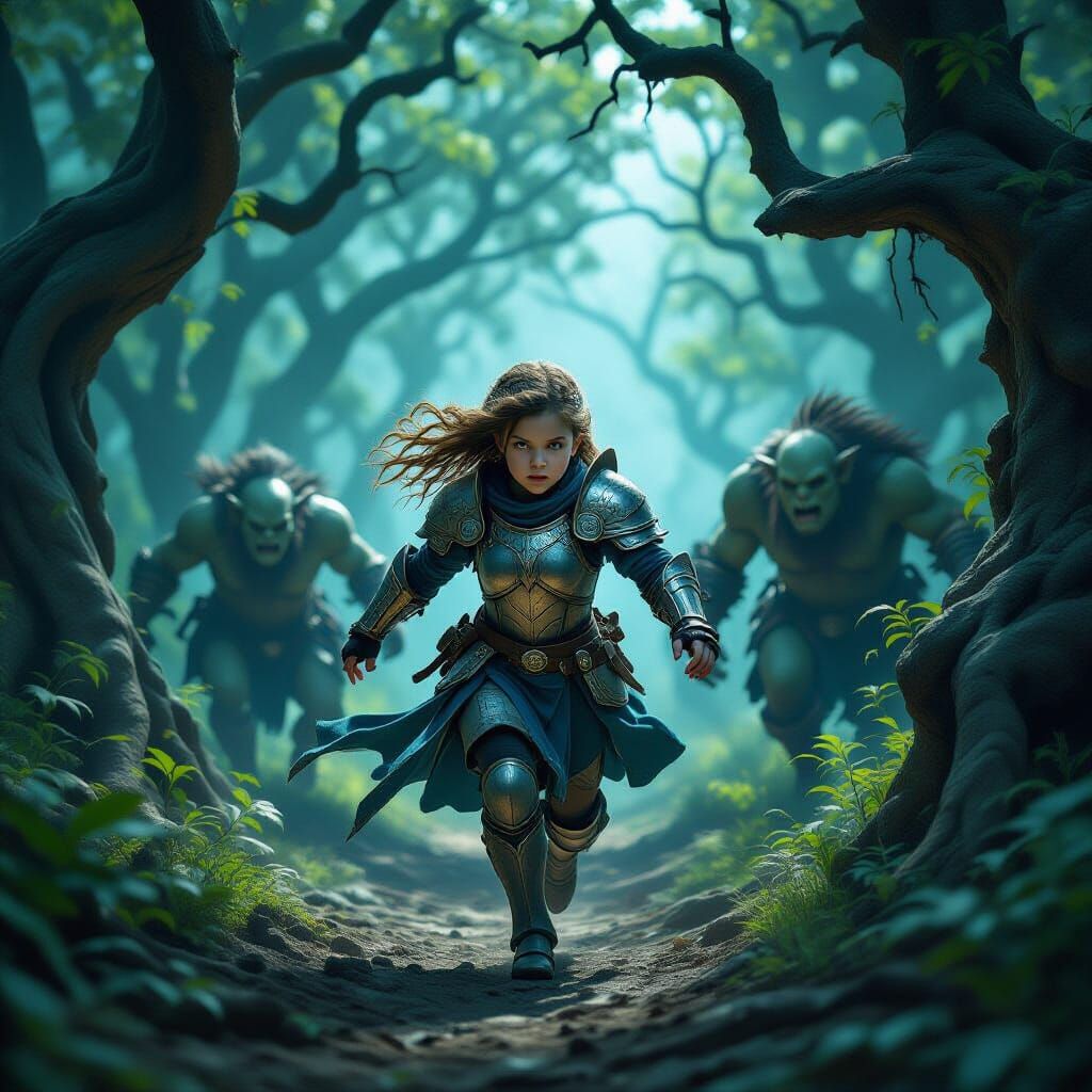 Fantasy Art: Girl Flees Ogres in Dark Forest