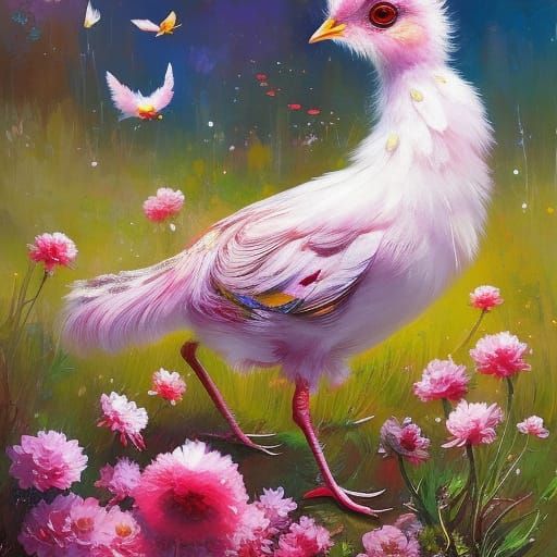 Cute Chicken Portrait with Flowers in Fantasy Style