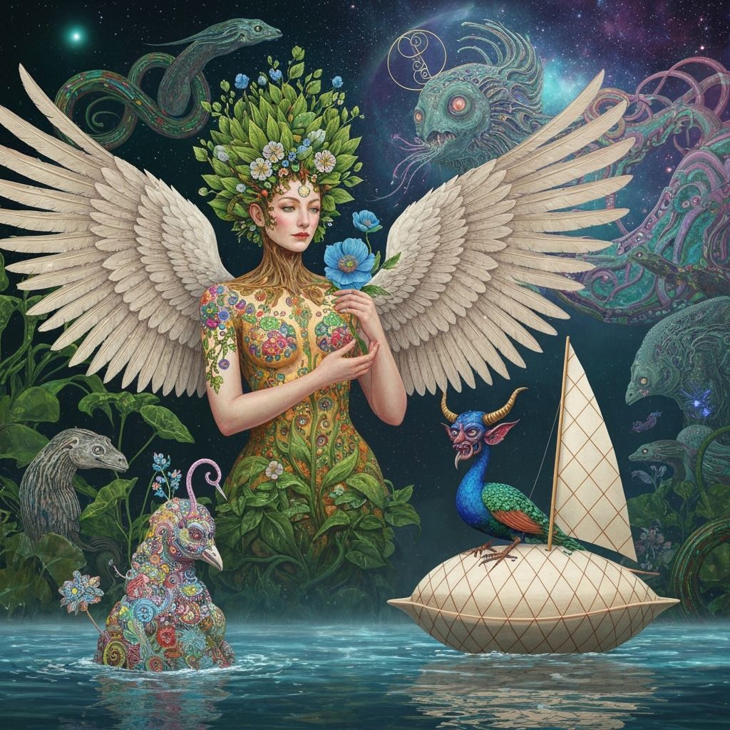 Klimt-Inspired Figure with Tree Body and Swan Wings