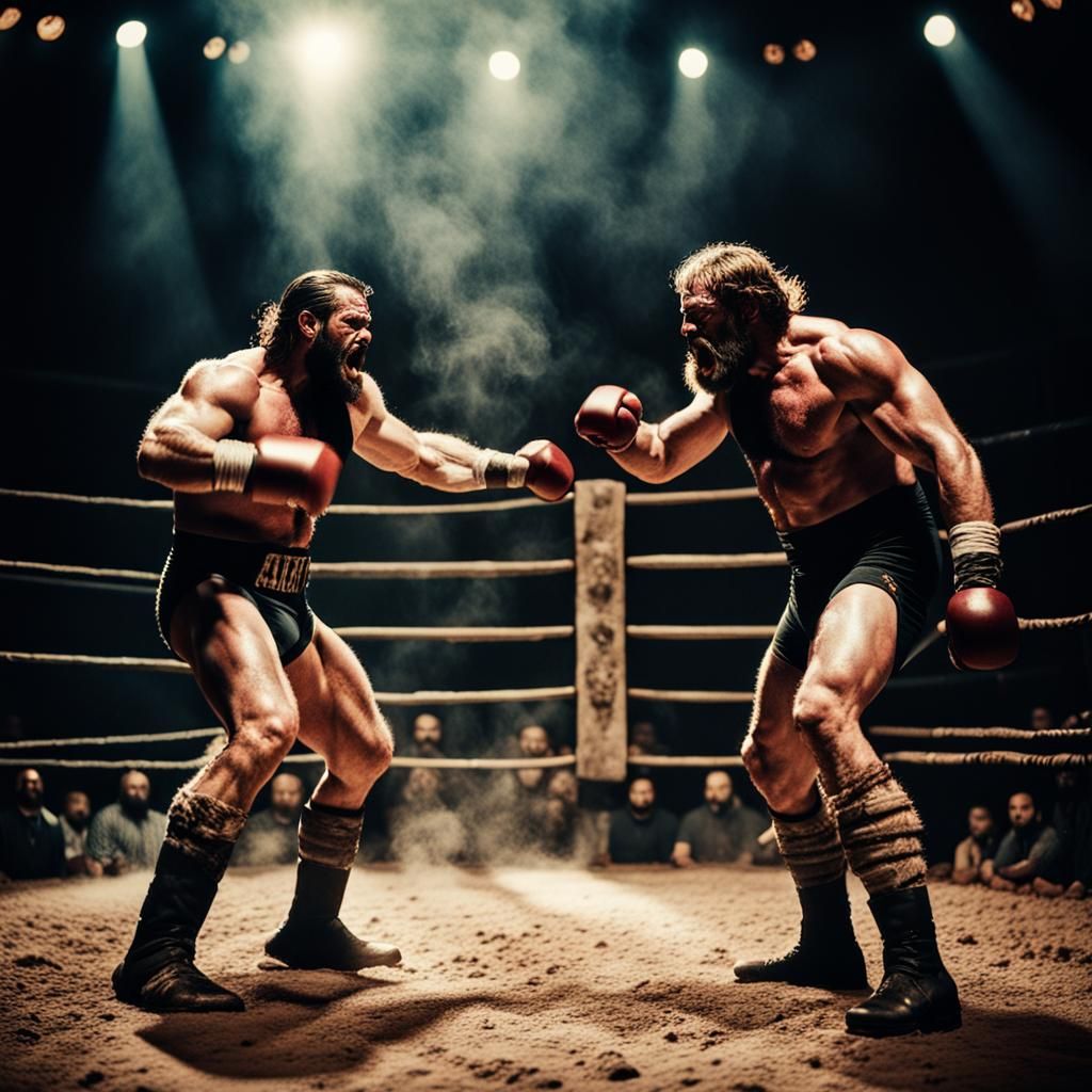 Intense Wrestling Match in a Cinematic Film Still