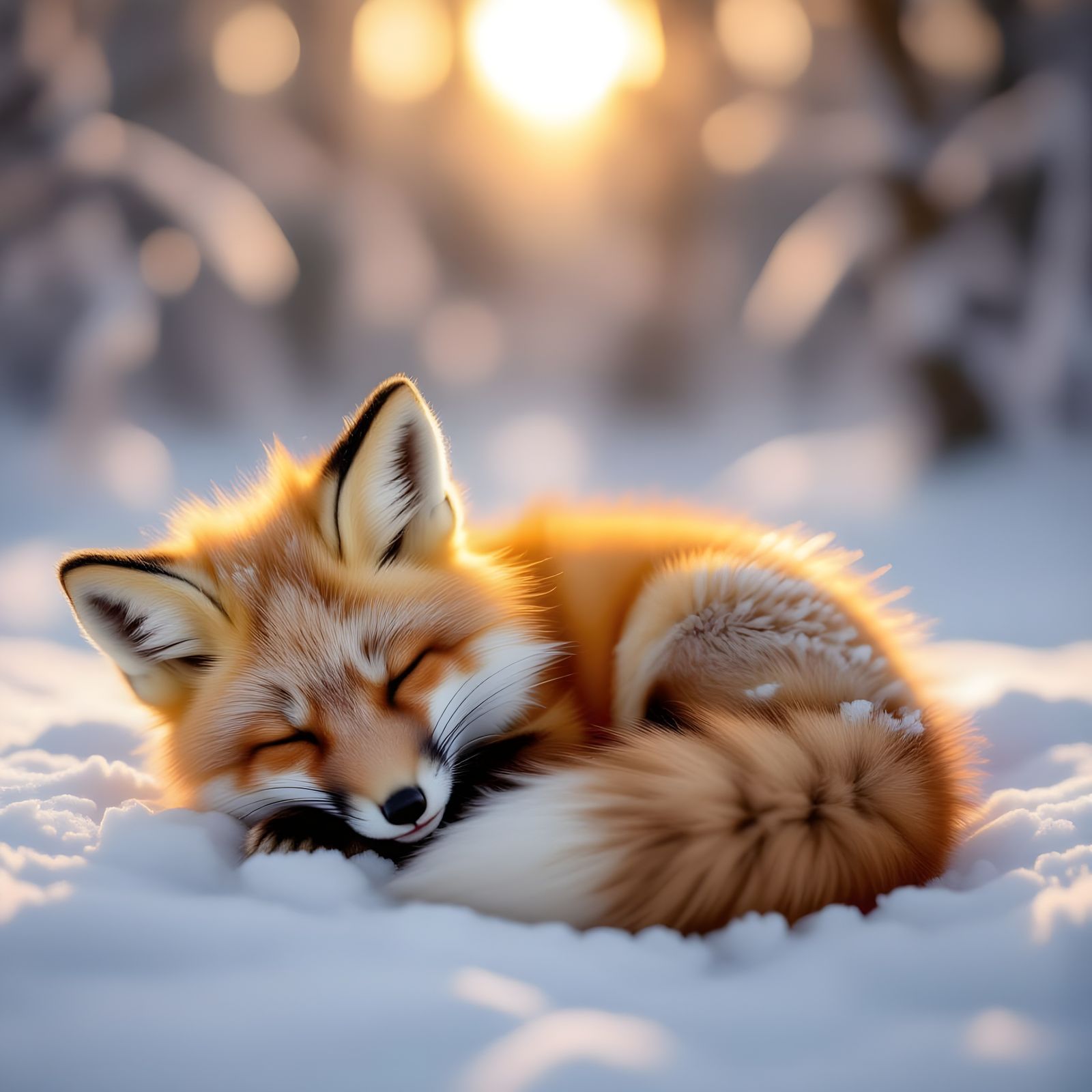 Baby Fox Sleeps in Snowy Forest