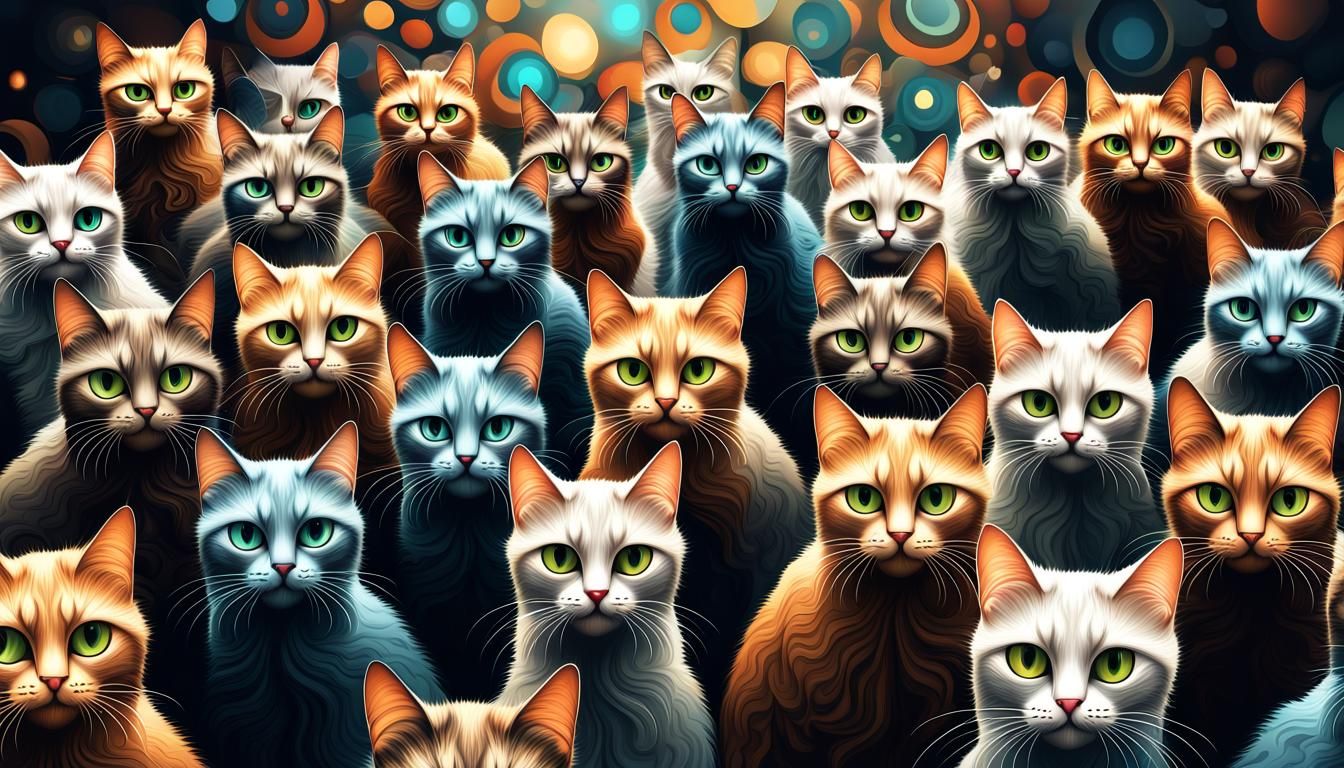Wide-Eyed Cats in Abstract Fractal Design