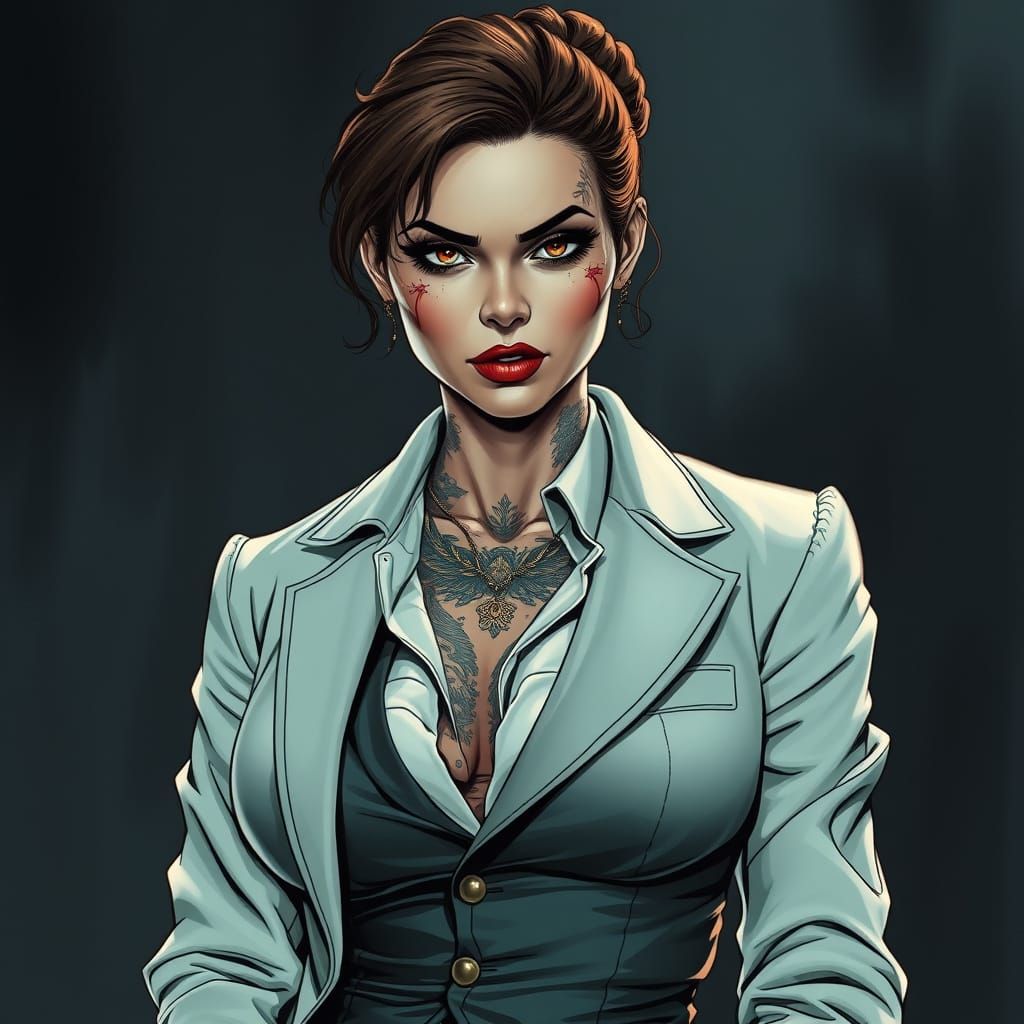Gangster Woman Portrait with Scars in Frazetta Style