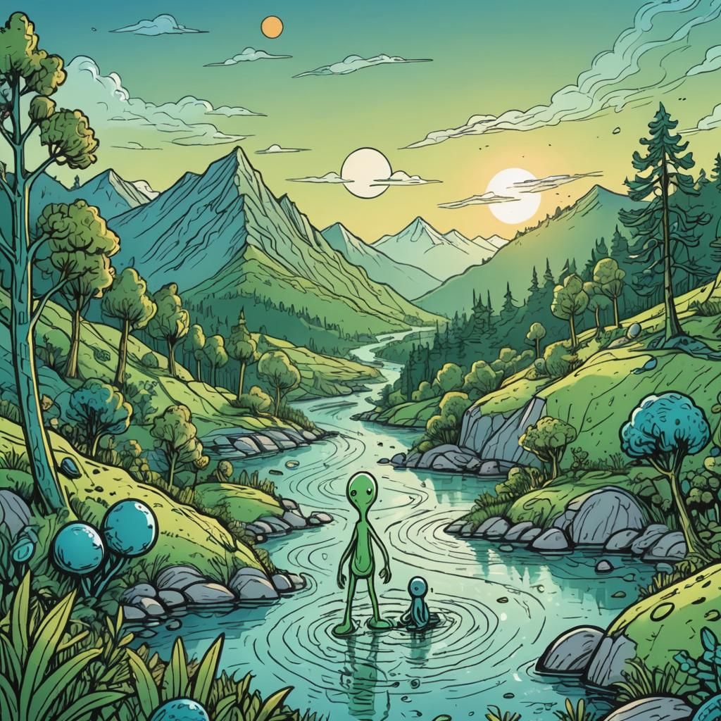 Alien Encounter with Stick Creatures: Doodle Art