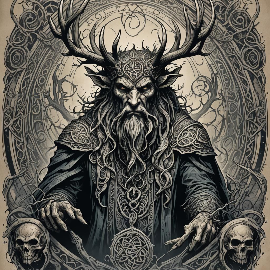 Arawn: Celtic Elk God Tattoo Sketch in Comic Art Style