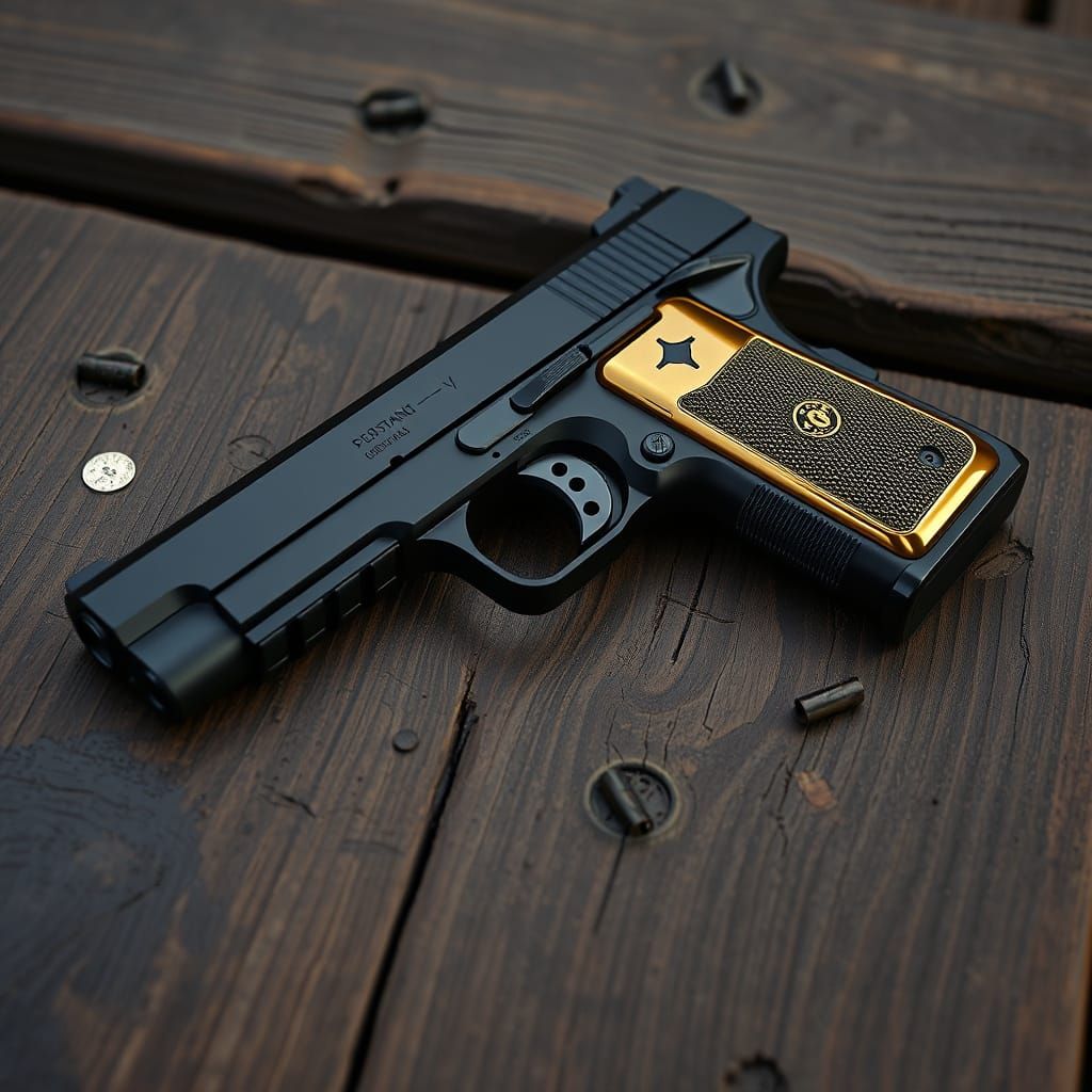 Handgun with Gold Grip on Weathered Wood, Futuristic Noir
