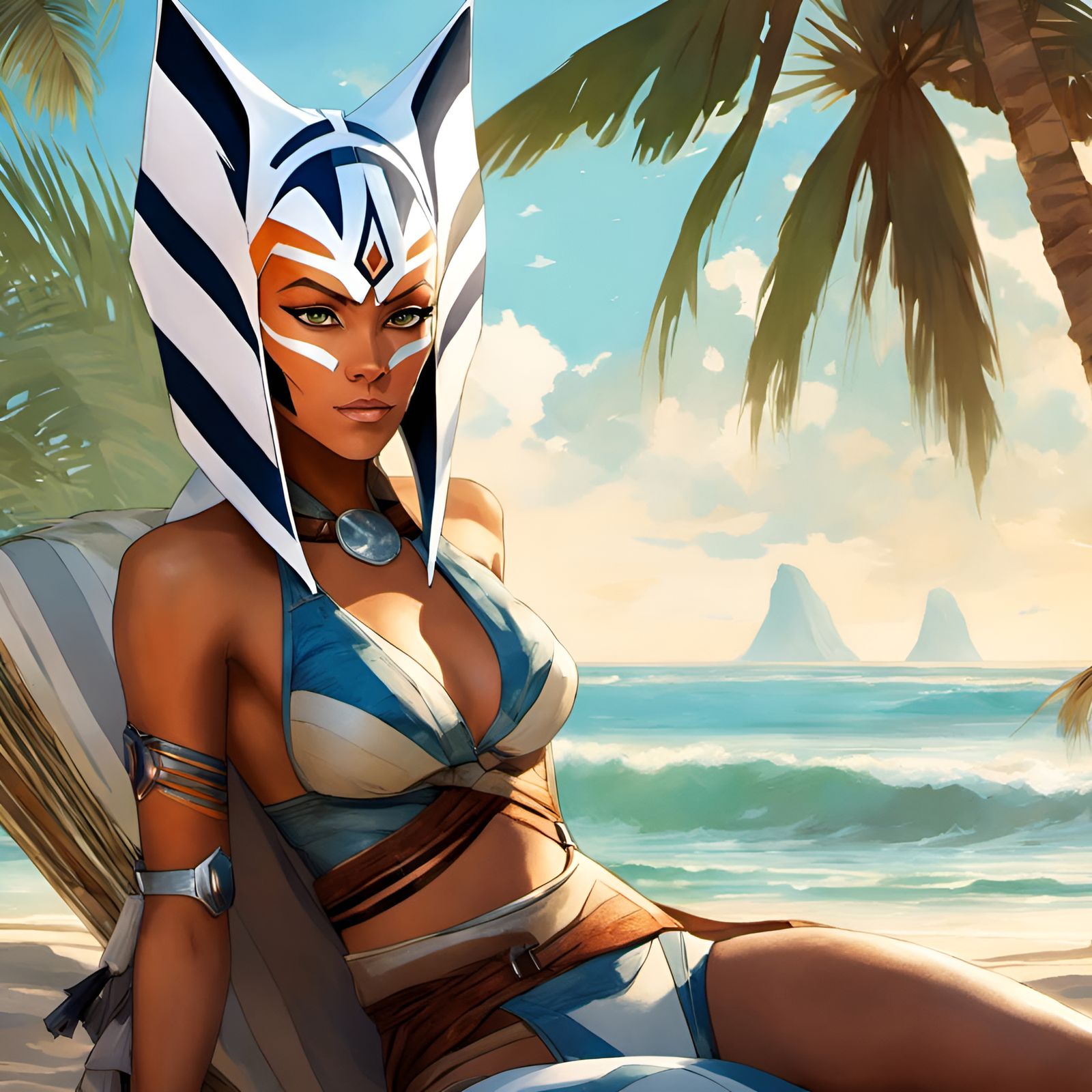 Ahsoka Tano Beach Portrait in Illustrative Style