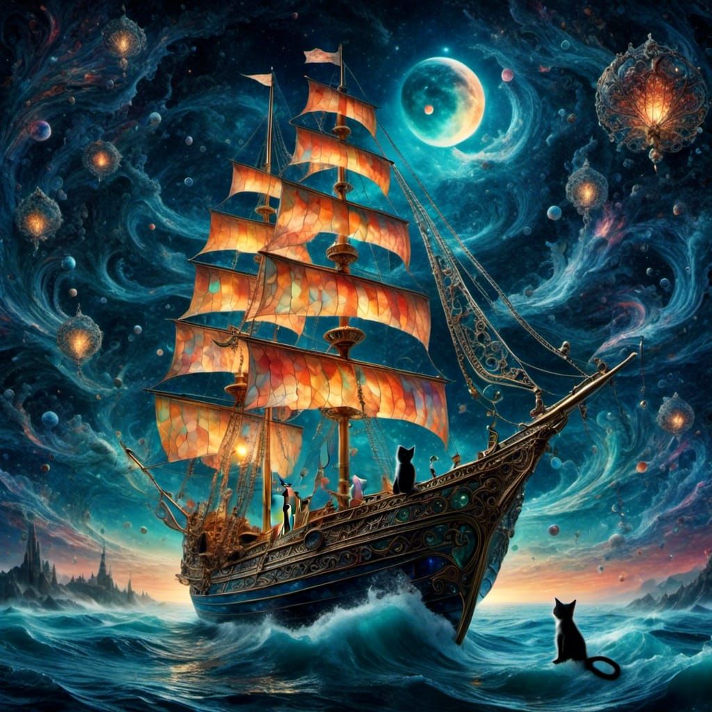 Cats Sailing on Starry Sea: Gothic Mixed Media