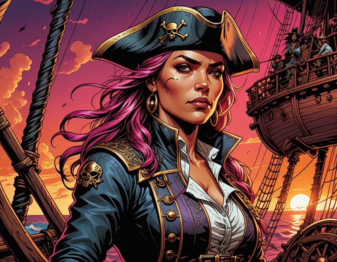 Pirate Captain on Ship in Comic Book Style