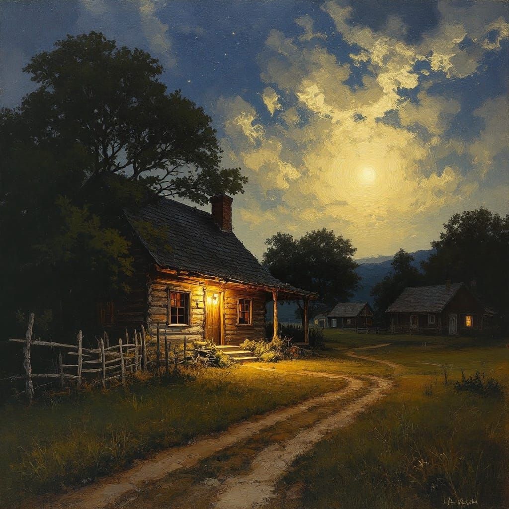 Traditional Village at Peace Under Starry Night Sky