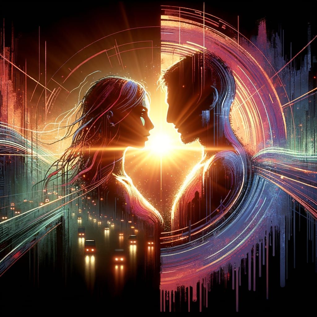 Cyberpunk Sunrise Scene with Double Exposure