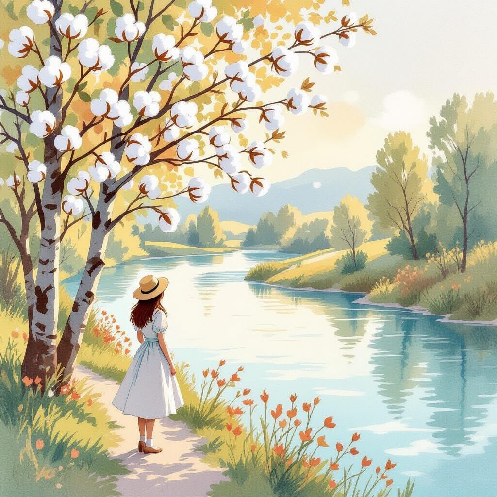 Whimsical Watercolour Landscape with Cotton Trees