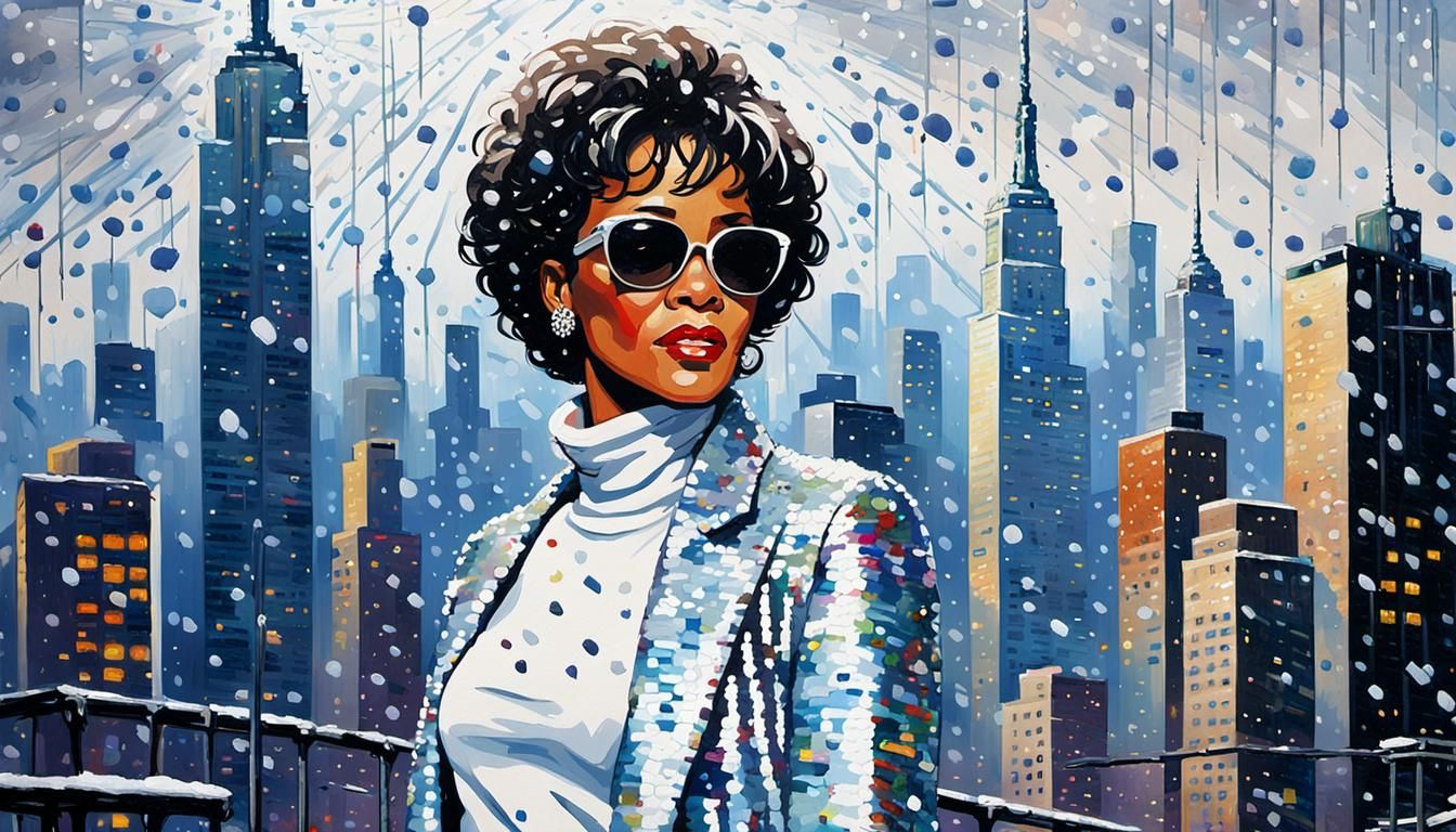 Pop Art Portrait of Singer in Snowy Cityscape