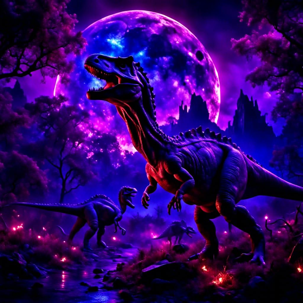 Dinosaurs watching a beautiful lunar eclipse, 3D storybook s...