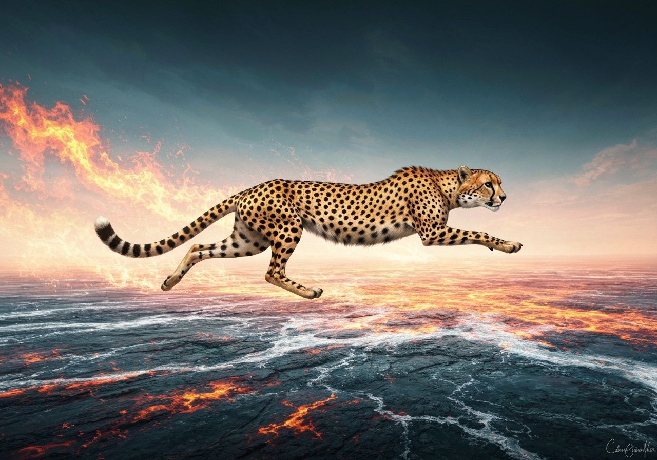 A cheetah, its form almost ethereal, streaks across a vast, ...