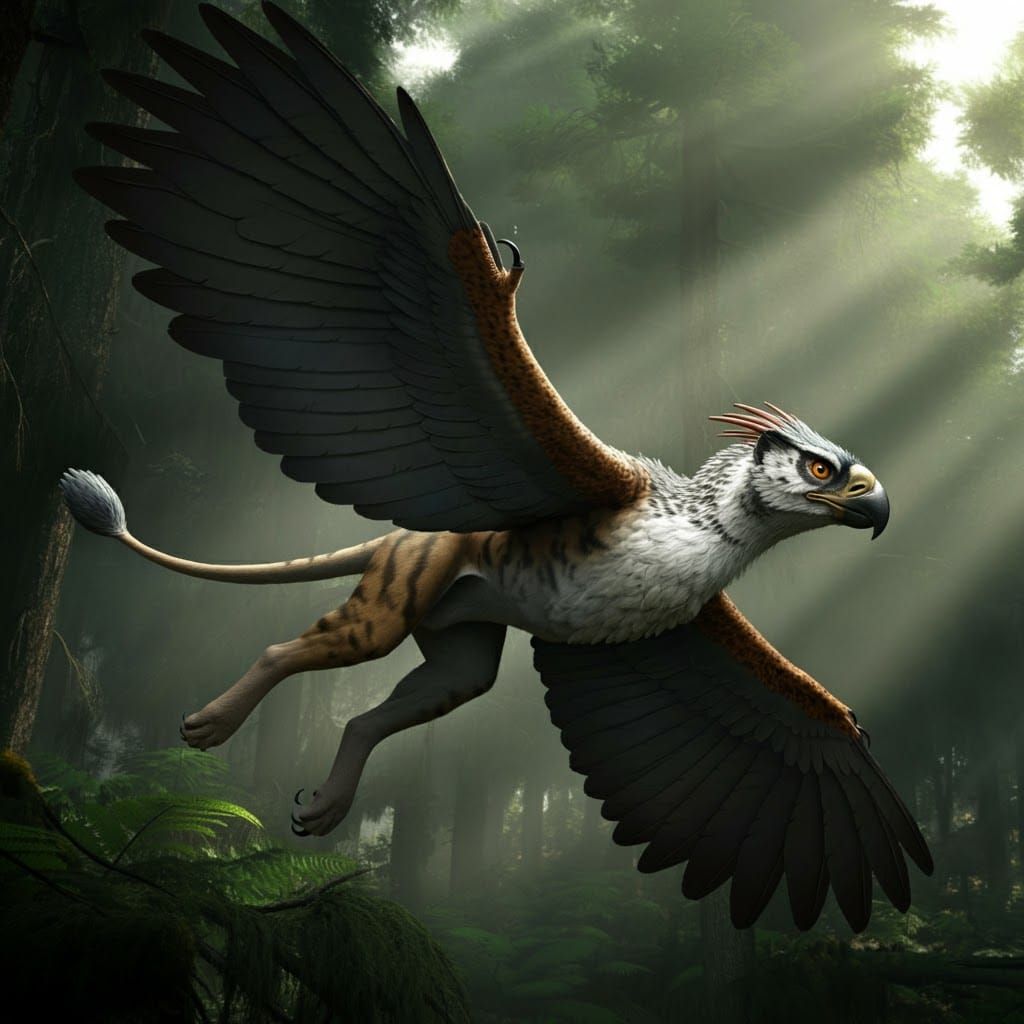 Archaeopteryx Griffin Soaring Through Jurassic Forest
